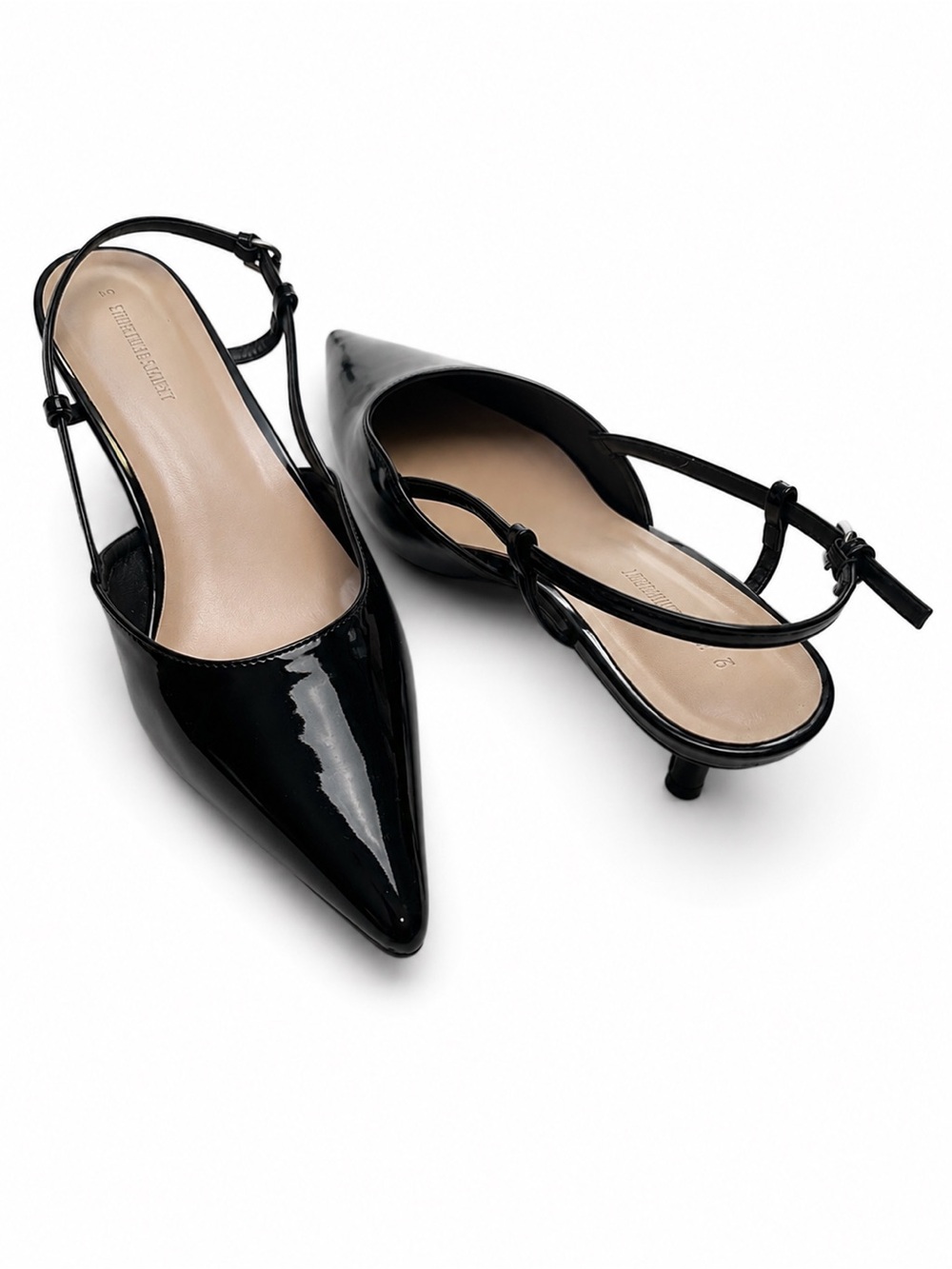 Streetwear Society Black Patent Pointed Slingback Kitten Heels